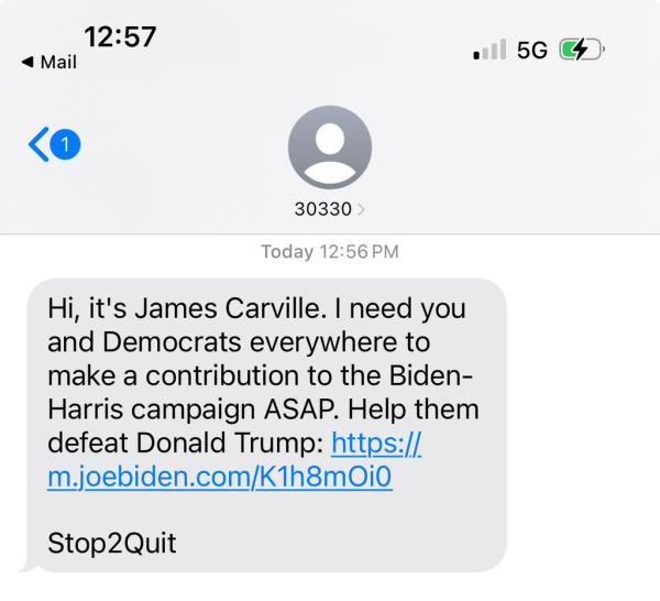 Carville insisted that he “never signed off on that" when asked a<em></em>bout the text blast. 